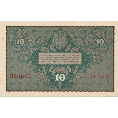 10 marek polskich , rok 1919, stan 3+, II Serja CE 019802 niski numer