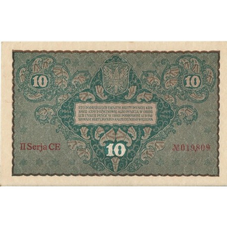 10 marek polskich , rok 1919, stan 3+, II Serja CE 019809 niski numer