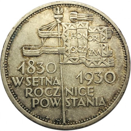 5 zł, Sztandar 1830-1930, II RP, Stan 3+, piękny