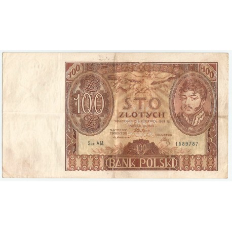 Banknot 100 zł 1932 rok, seria AM stan 3-