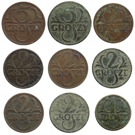 Zestaw monet 2 x 5 gr, 6 x 2 grosze + 1 grosz II RP 