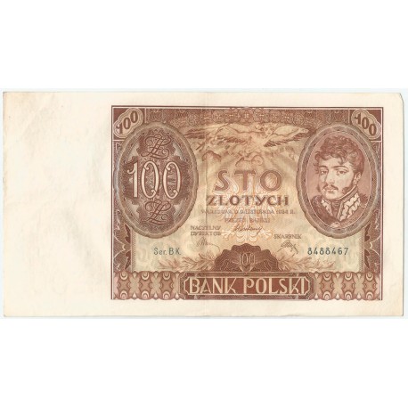 Banknot 100 zł 1934 rok, seria BK, stan 3-