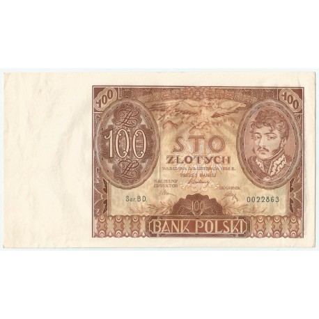 Banknot 100 zł 1934 rok, seria BD, niski numer 0022863, stan 2-