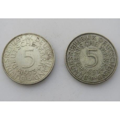 Niemcy 2 x 5 marek 1951 D, 1973 D, stan 2