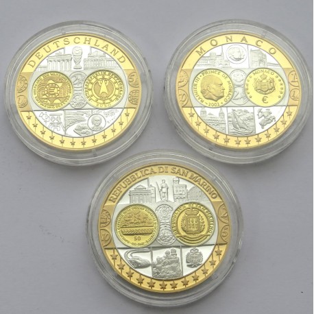 3 x Medal wspólna waluta euro - Monako, Niemcy, San Marino - 3 x 20g AG 999