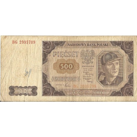 PRL - BANKNOT - 500 Złotych 1948 - GÓRNIK 1948, stan 3-