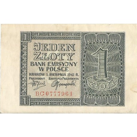Banknot 1 złoty 1941, stan 3-, Seria AE