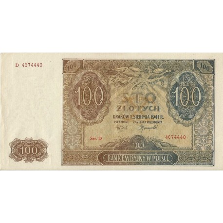 Banknot 100 złotych 1941 stan 1-, Ser. D 4074440