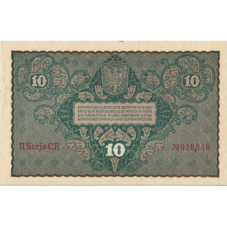 10 marek polskich , rok 1919, stan 2, II Serja CE 019845 niski numer