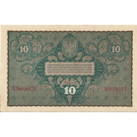 10 marek polskich , rok 1919, stan 2-, II Serja CE 019857 niski numer