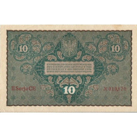 10 marek polskich , rok 1919, stan 3+, II Serja CE 019870 niski numer