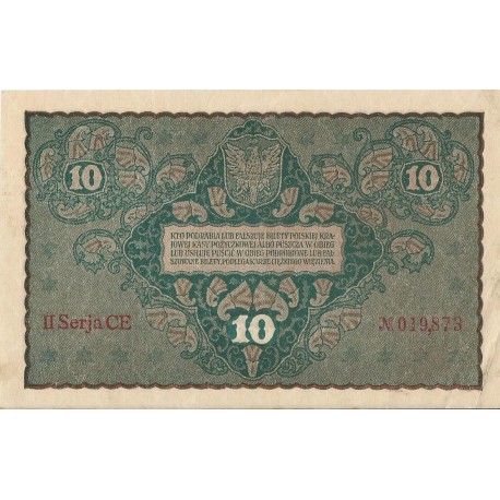 10 marek polskich , rok 1919, stan 3+, II Serja CE 019870 niski numer
