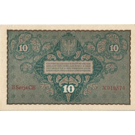 10 marek polskich , rok 1919, stan 3+, II Serja CE 019874 niski numer