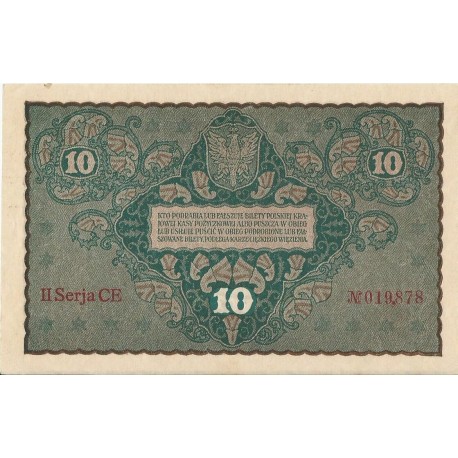 10 marek polskich , rok 1919, stan 2-, II Serja CE 019878 niski numer