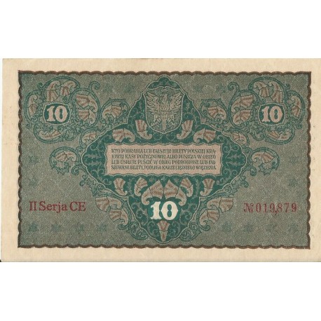 10 marek polskich , rok 1919, stan 2-, II Serja CE 019878 niski numer