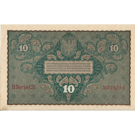 10 marek polskich , rok 1919, stan 2, II Serja CE 019884 niski numer