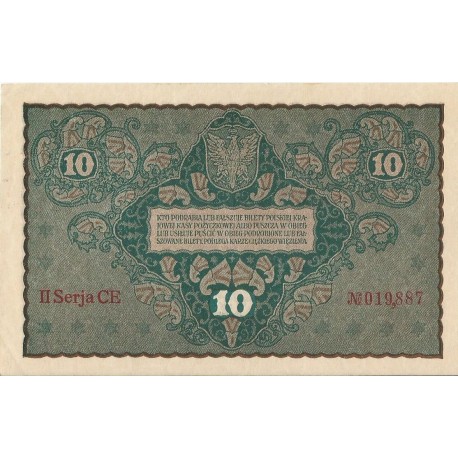 10 marek polskich , rok 1919, stan 2-, II Serja CE 019887 niski numer