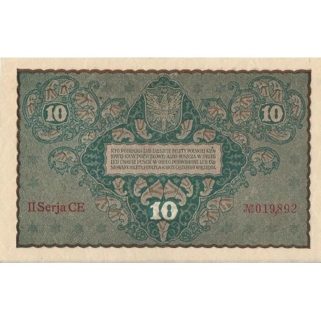 10 marek polskich , rok 1919, stan 2-, II Serja CE 019892 niski numer