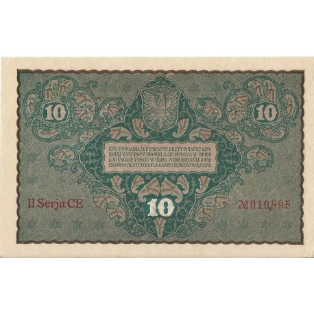 10 marek polskich , rok 1919, stan 2-, II Serja CE 019895 niski numer