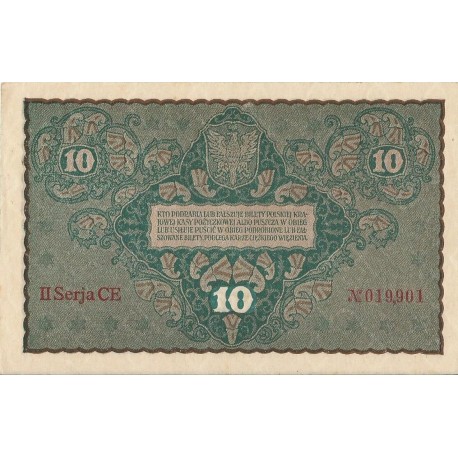 10 marek polskich , rok 1919, stan 2, II Serja CE 019901 niski numer