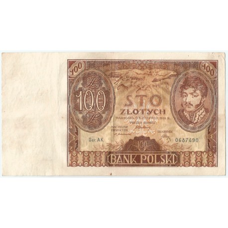 Banknot 100 zł 1932 rok, seria AK, stan 3