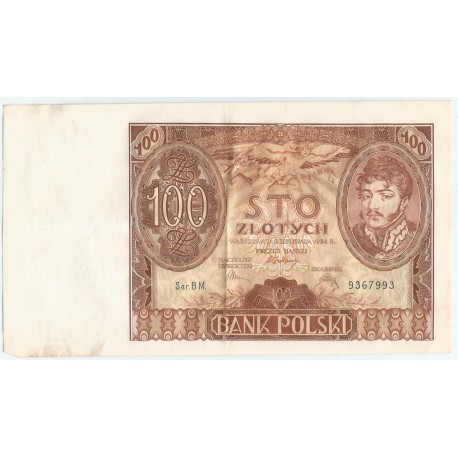 Banknot 100 zł 1934 rok, seria BS, stan 3