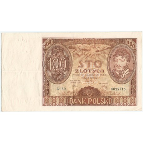 Banknot 100 zł 1934 rok, seria BD niski numer, stan 3