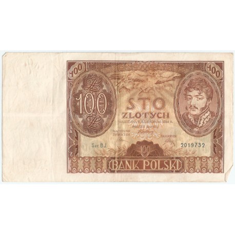 Banknot 100 zł 1934 rok, seria BJ, stan 3