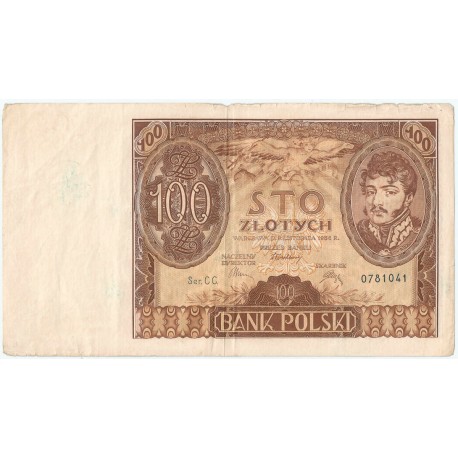 Banknot 100 zł 1934 rok, seria CC, niski numer, stan 3-