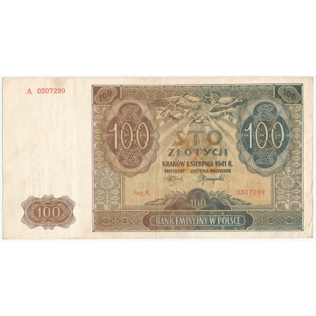 Banknot 100 złotych 1941 stan 2-, Ser. A 0307299, niski numer