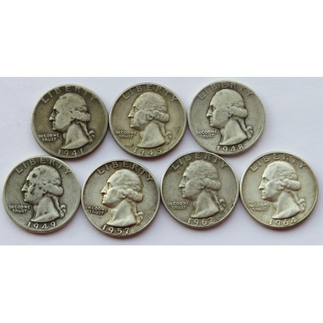 USA, 7 x 1/4 dolara Waszyngton, 1941-1964, stan 2-/3