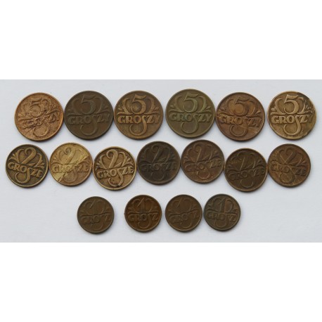 Zestaw 17 monet groszowych II RP lata 1925-1939
