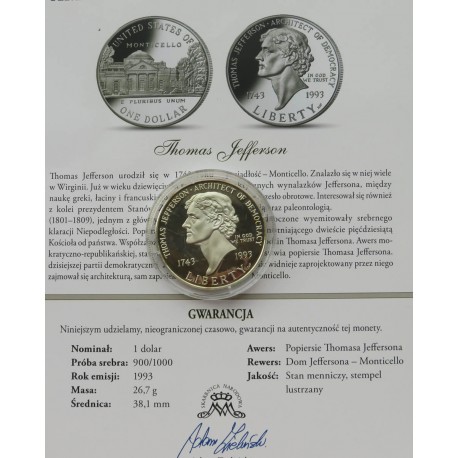 USA, 1 dolar, 1993 S, Thomas Jefferson, certyfikat, stan 2+