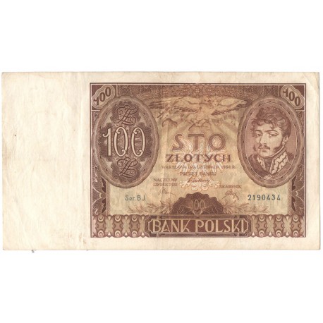 Banknot 100 zł 1934 rok, seria BJ. 2190434, stan 4