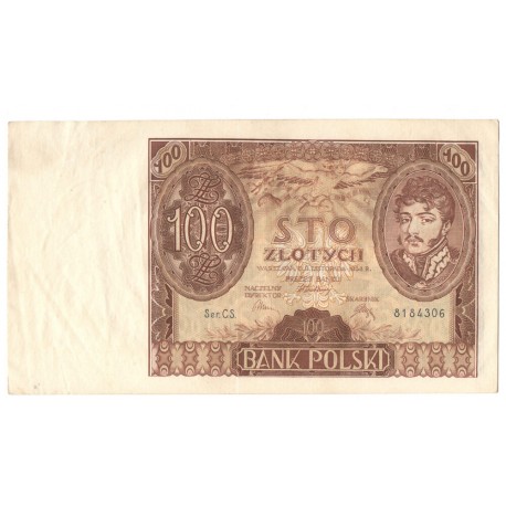 Banknot 100 zł 1934 rok, seria C.S. 8184306, stan 3+