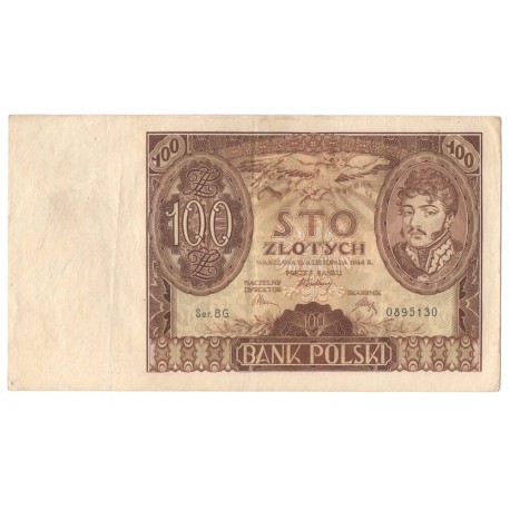 Banknot 100 zł 1934 rok, seria BG. 0895130, stan 3-
