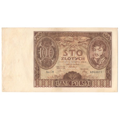 Banknot 100 zł 1934 rok, seria C.W. 6960011, stan 2