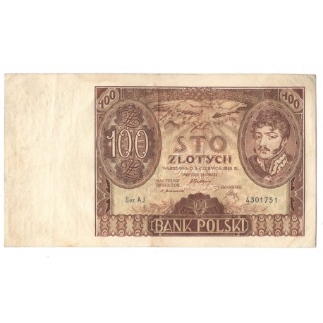 Banknot 100 zł 1934 rok, seria AJ. 4301751, stan 3-