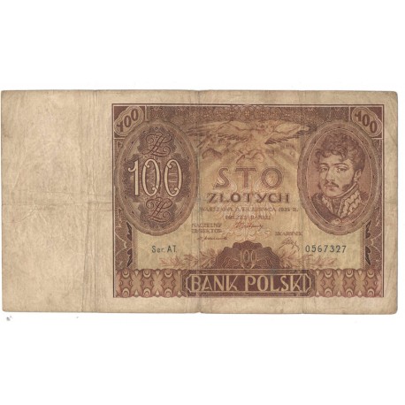 Banknot 100 zł 1932 rok, seria AT. 0567327, stan 5