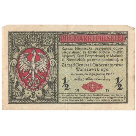 1/2 marki polskiej 1916, Generał, Seria B 6222307 stan 4+