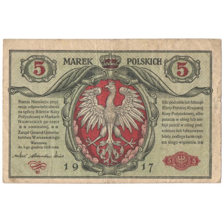 5 marek polskich 1916, "Biletów", Seria A 1294163, stan 4
