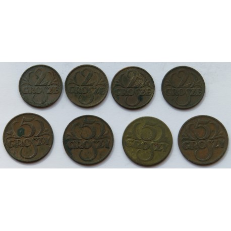 Zestaw monet 4 x 2 grosze i 4 x 2 grosze II RP