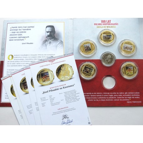 Józef Piłsudski, 100 rocznica odzyskania niepodległości 6 numizmatów, ceryfikaty, etui