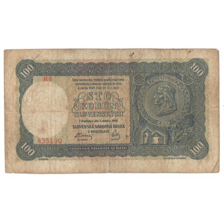 Słowacja, 100 koron 1940, ser. H8 435190, stan 4