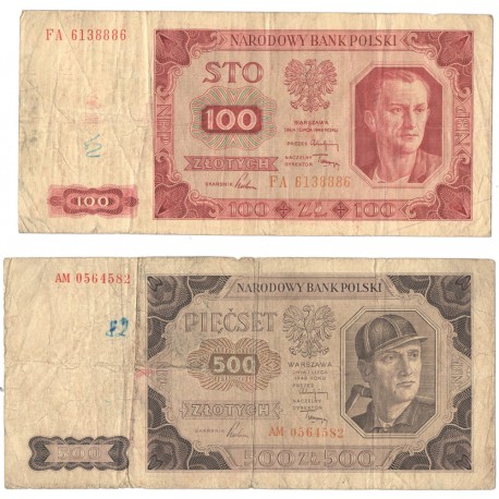 100 zł ser. FA i 500 zł seria AM, 1948, stany 5