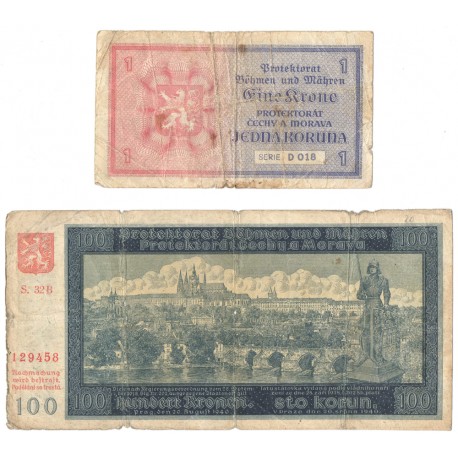 Protektorat Czech i Moraw, 1 korona seria D i 100 koron 1940 seria 32B