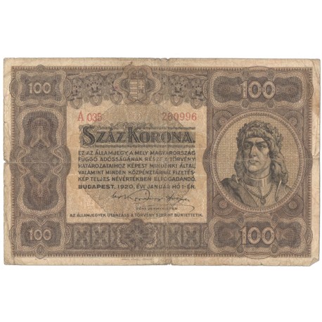 Węgry, 100 koron 1920, seria A 035, stan 5