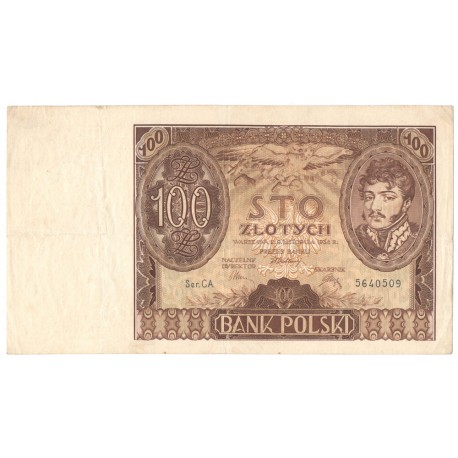 Banknot 100 zł 1934 rok, seria C.A. 5640509, stan 3+