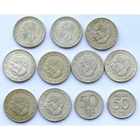 Szwecja, zestaw 11 monet, 1 korona i 50 ore, 1944-1953