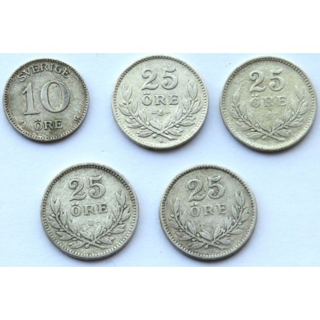 Szwecja, zestaw 5 monet, 10 i 25 ore, 1914-1940